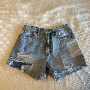 American Eagle Outfitters Light Blue Frayed Jean Shorts with Patch Work